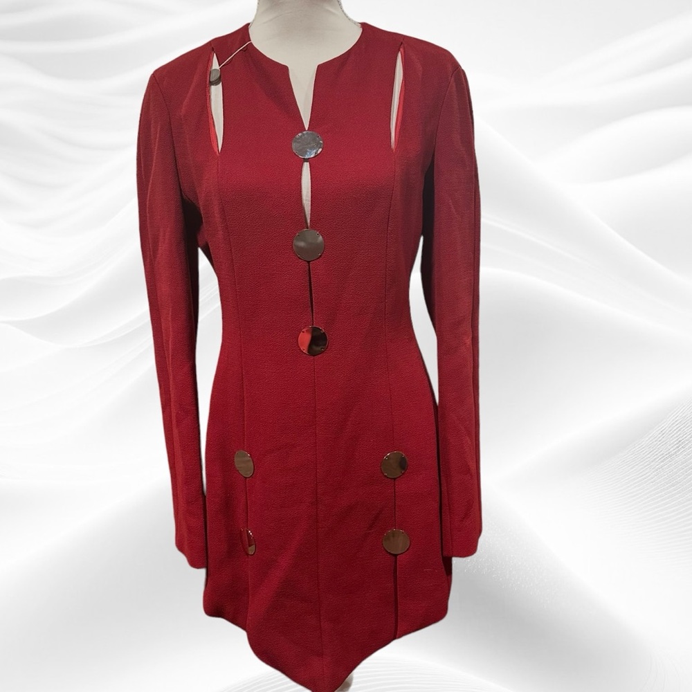 David Koma Long Sleeve Cut Out Wool Crepe Burgandy‎ Mini Dress Size UK14/US 10